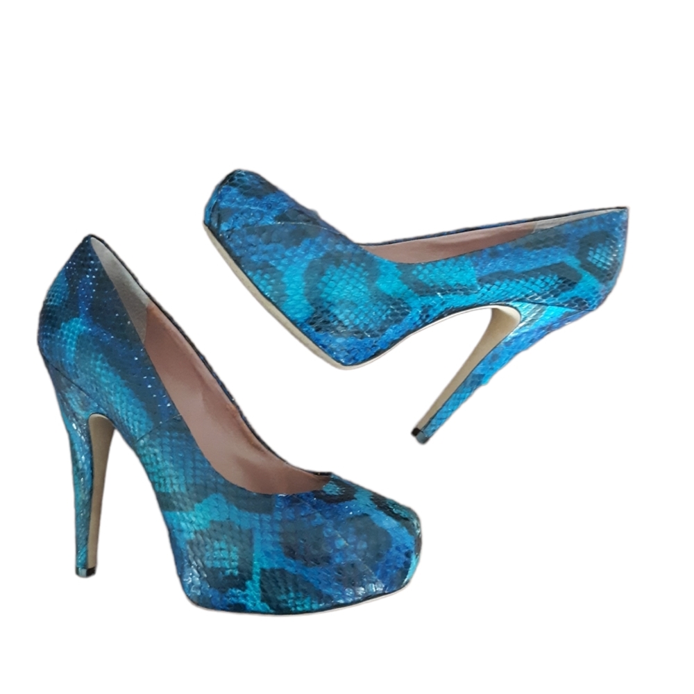 Vince Camuto Korsi Blue & Black Glossy Snakeskin Stiletto Platform Pumps sz 8B